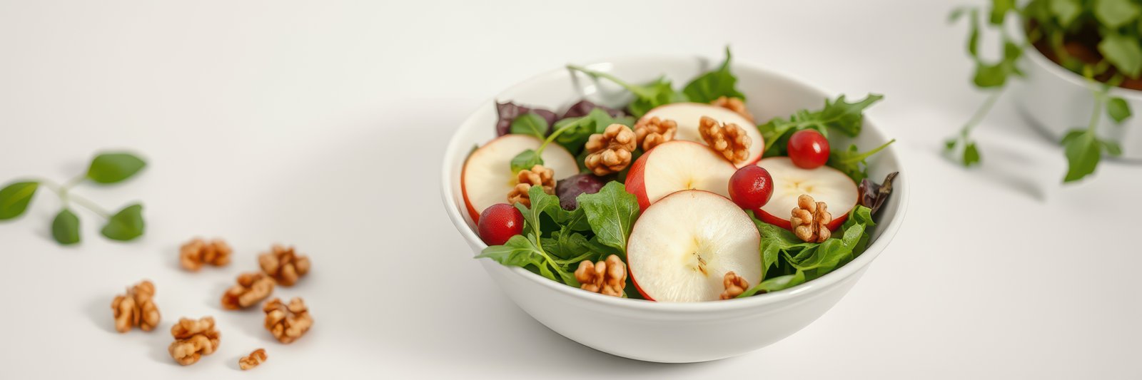 Fresh salad with apples, walnuts, and cherry tomatoes presented in a white bowl on a bright background